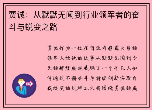 贾诚：从默默无闻到行业领军者的奋斗与蜕变之路